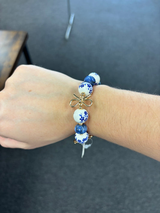 Blue Floral Bracelet with Gold Bows